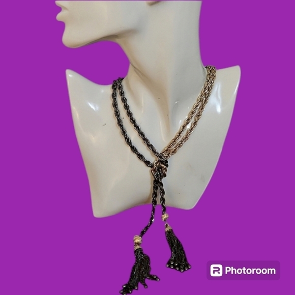 VTG Chunky Chain Two-tone Negligee Lariat Tassel Necklace - Picture 1 of 7